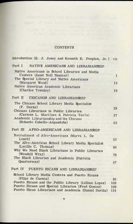 Opportunities for Minorities in Librarianship - table of contents